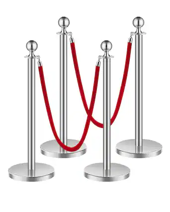 Front. VEVOR - Stanchions and Velvet Ropes 4Pcs, Hollow Base with Stainless Steel Post, 2 Red Velvet Ropes and Posts - Silver red velvet.