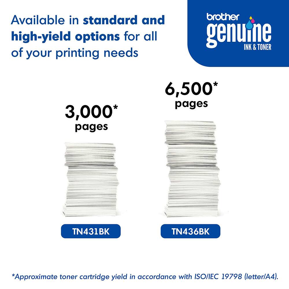 Available in standard and high-yield options for all of your printing needs. Brother genuine INK & TONER

3,000* pages  
TN431BK

6,500* pages  
TN436BK

*Approximate toner cartridge yield in accordance with ISO/IEC 19798 (letter/A4).
