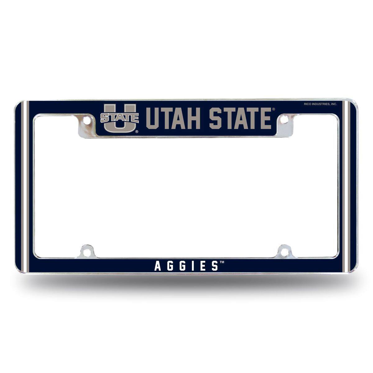 Utah State Aggies Chrome Metal License Plate Frame with Full Frame Team Color Graphics