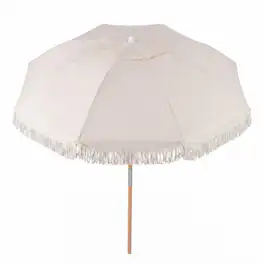 Costway - 6 FT Patio Umbrella with Fringe, Push Button Tilt, 8 Sturdy Ribs, Wood Pole - Off-White