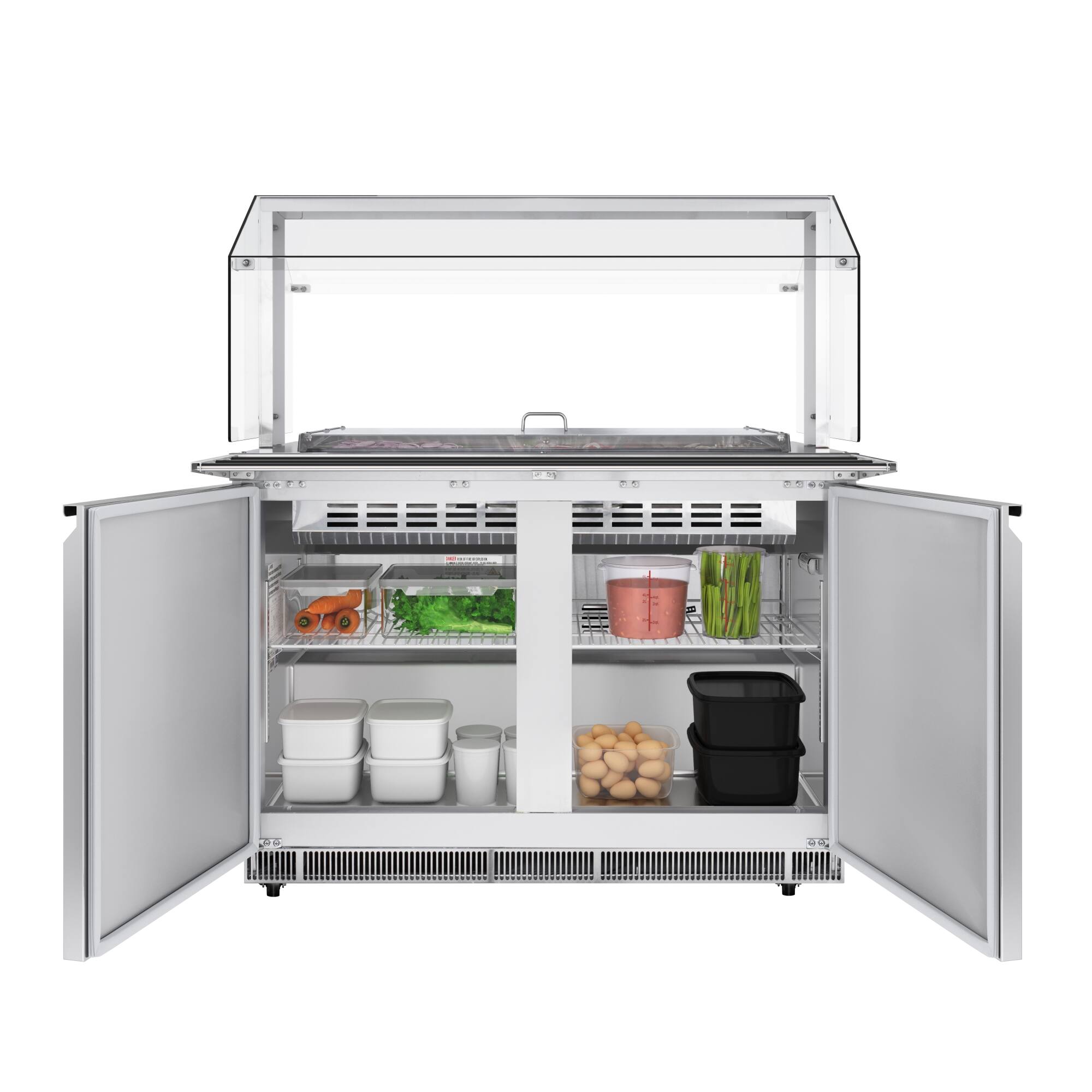 Angle. Koolmore - 48 in.  Refrigerated Prep Station with Sneeze Guard and Buffet Slide, 9-Pan Capacity (Not Included) Adjustable Shelves - Stainless-Steel.