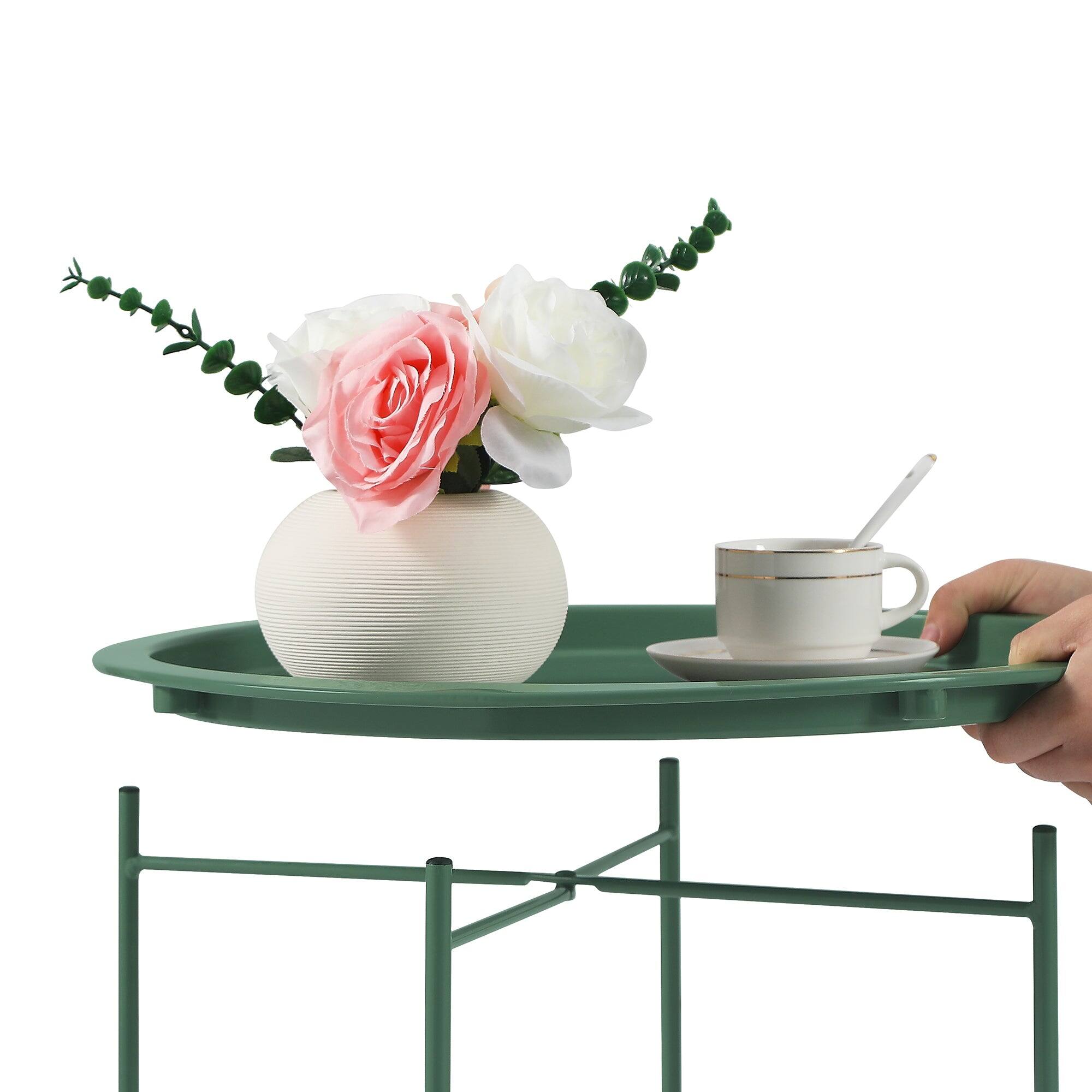 Left. Vecelo - 1Pack Foldable Metal Side Table With basket, Round Indoor Outdoor End Table for Living Room or Patio - Green.