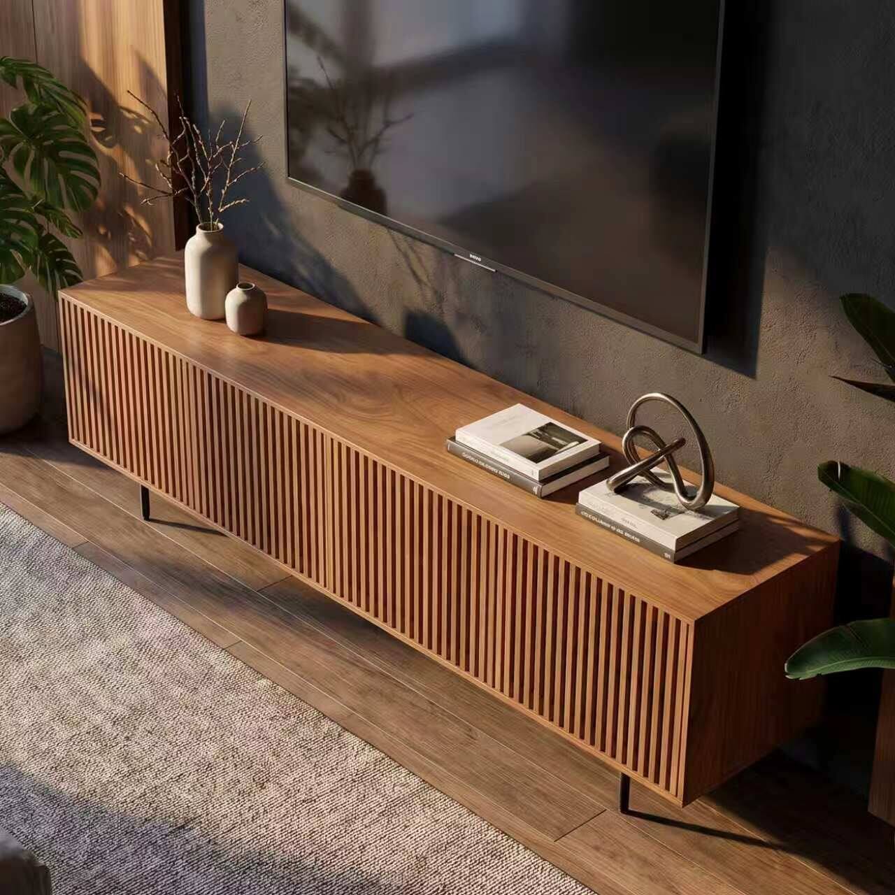 Alt View 5. luck idea - Slatted Wood TV Stand, 86.61" Media Console with Storage Cabinets, Metal Legs for TVs Up to 85 Inch - brown.