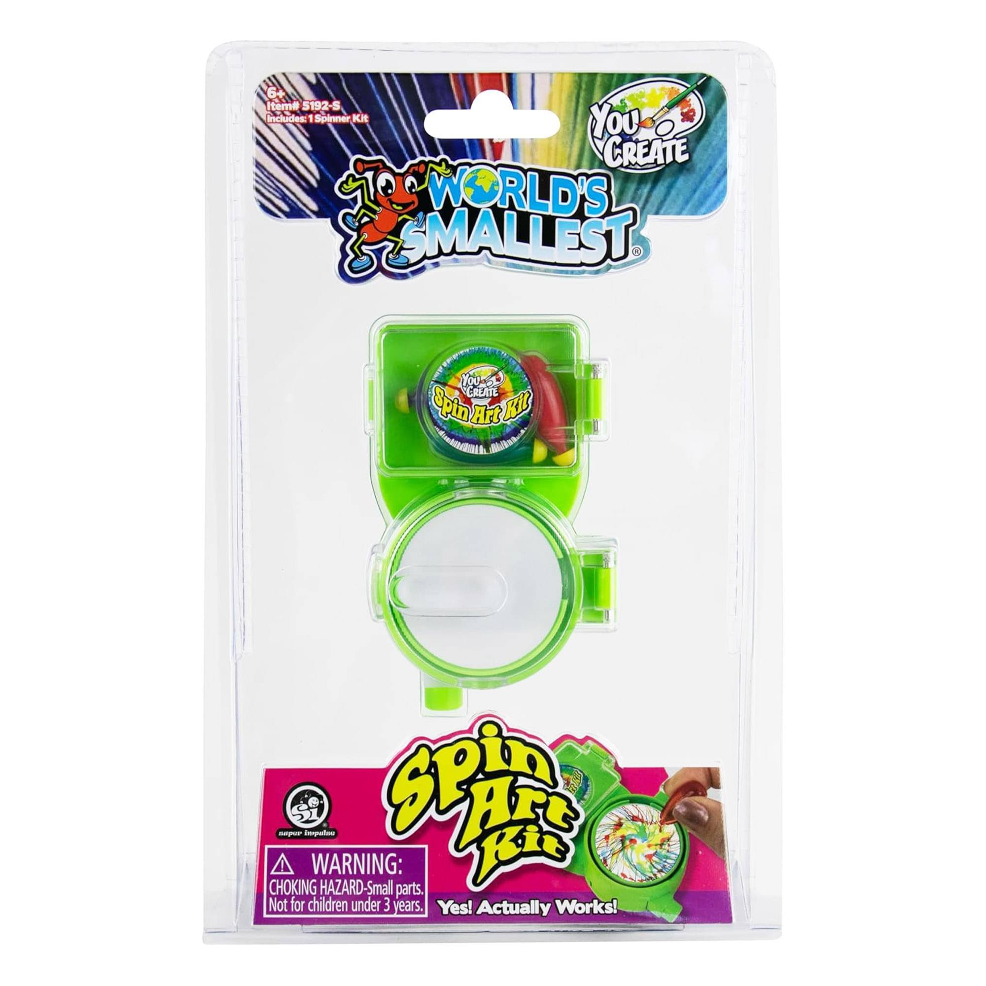 6+ tame 5192-S includes 1 Spinner Kit. You CREATE WORLD'S SMALLEST YoURGL CREATE DIN A I Art Kit. Spin Art Kit. WARNING: CHOKING HAZARD-Small parts. Not for children under 3 years. Yes! Actually Works!