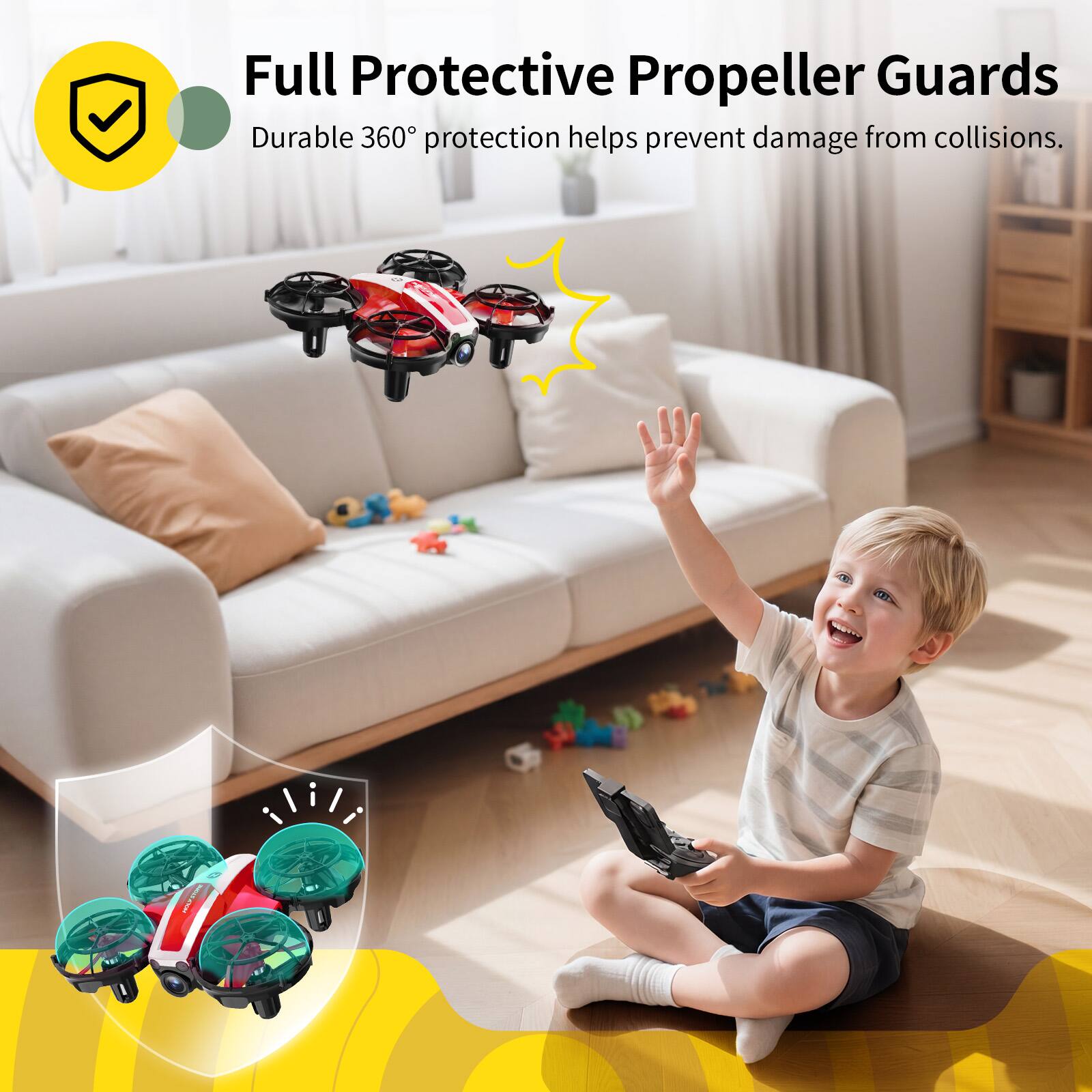 Full Protective Propeller Guards  
Durable 360° protection helps prevent damage from collisions.