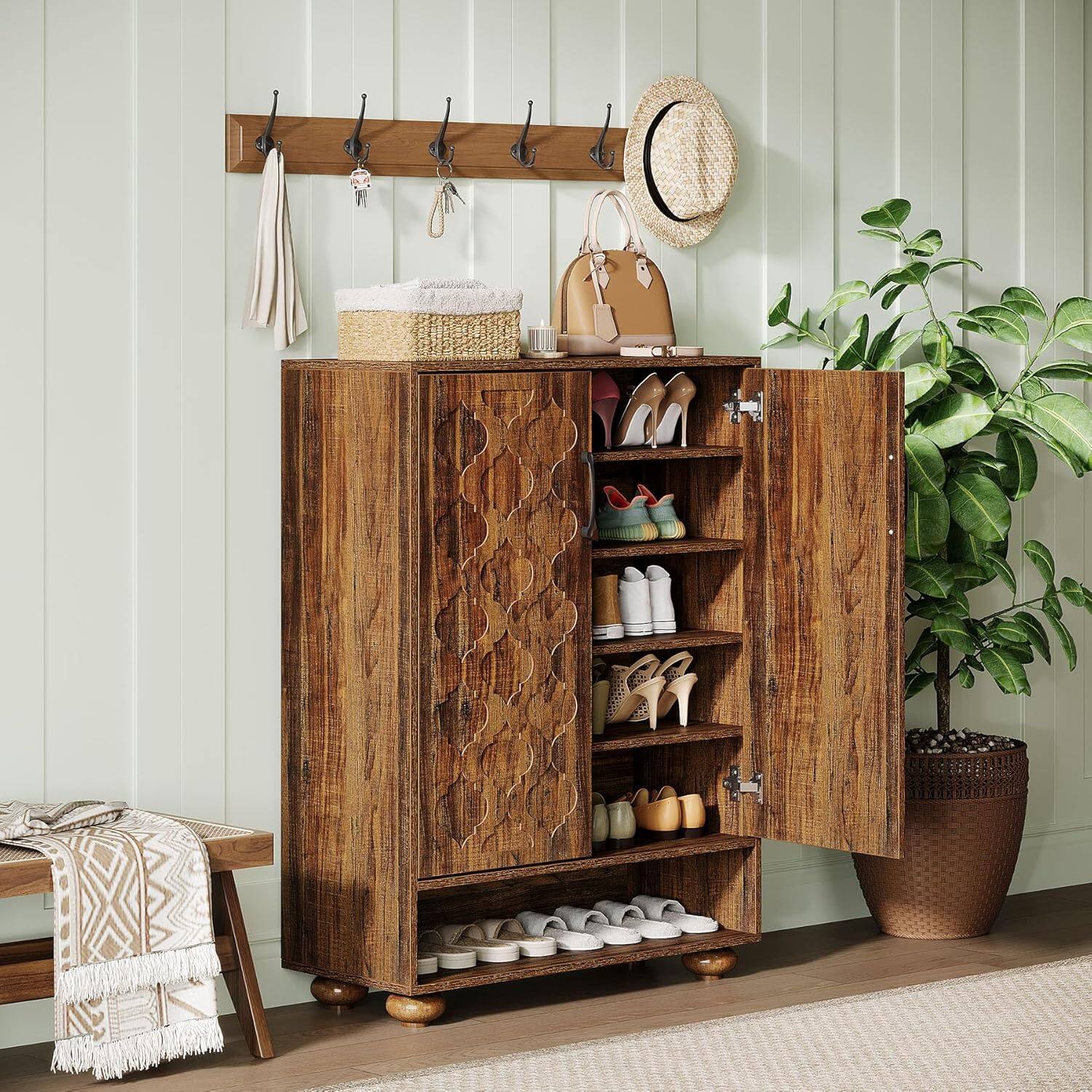 Back. Tribesigns - Office Storage Cabinet with Solid Wood Construction, for Everyday Organization in Workspaces and Office Reception Areas - Brown.