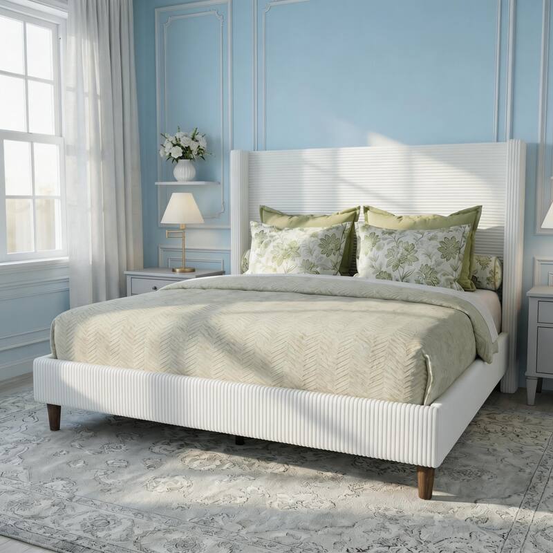 Front. Dyonery - Corduroy Bed Frame, 56" Tall Vertical Platform Bed Frame Wingback Headboard, Solid Wood Legs, No Box Spring Needed - Dray.
