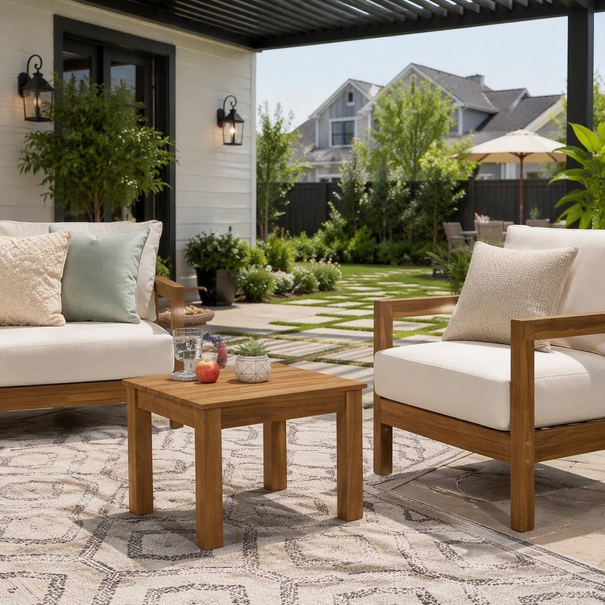 Back. RYHNUYNE - Solid Wood Outdoor Side Table, Brown Slatted Patio End Table for Garden Backyard Porch Balcony - Brown.