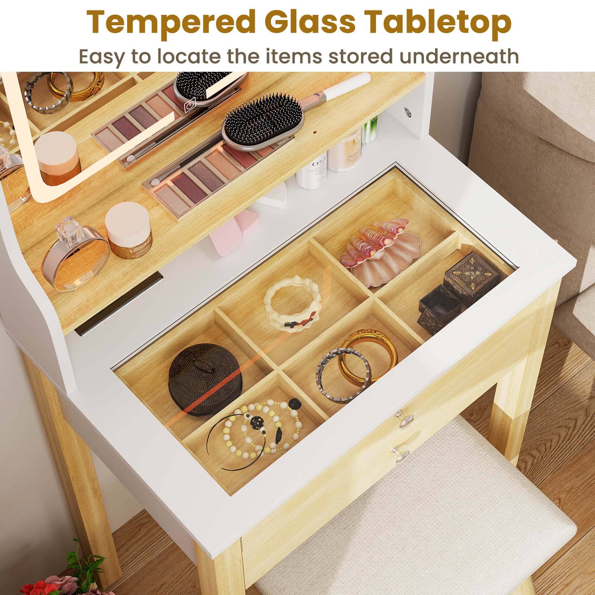 Tempered Glass Tabletop  
Easy to locate the items stored underneath