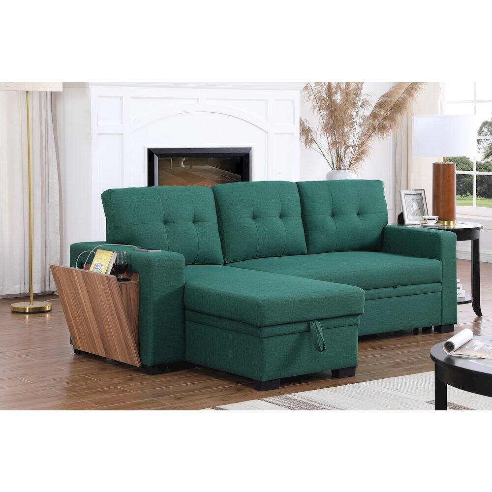 Angle. Devion Furniture - Fabric Reversible Modern Side Compartment Sleeper Sectional Sofa Bed-Green - Green.