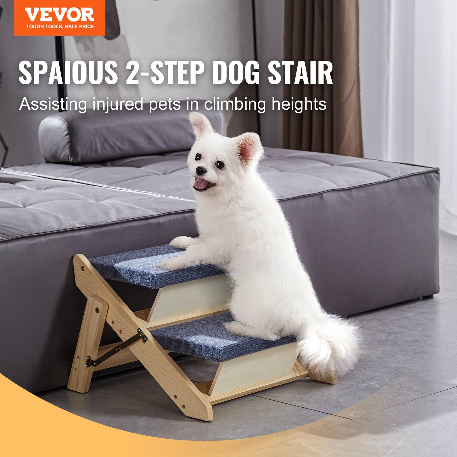 VEVOR  
TOUGH TOOLS, HALF PRICE  

SPAI0US 2-STEP DOG STAIR  
Assisting injured pets in climbing heights
