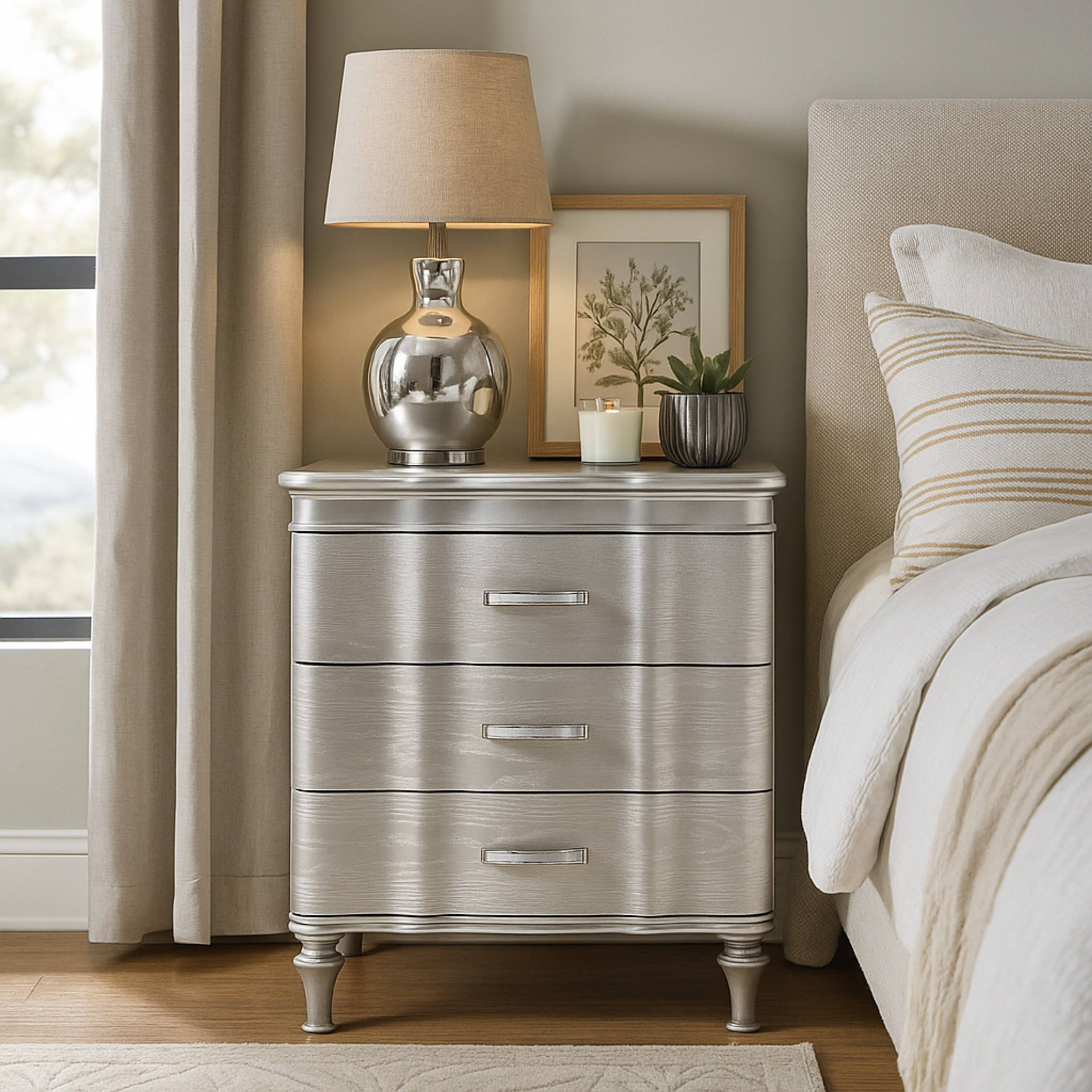 Alt View 5. Manhattan Lane - Eleena Nightstand, 3 Drawers, Silver Solid Wood, Metal Handles 28 Inch - Silver, Chrome.