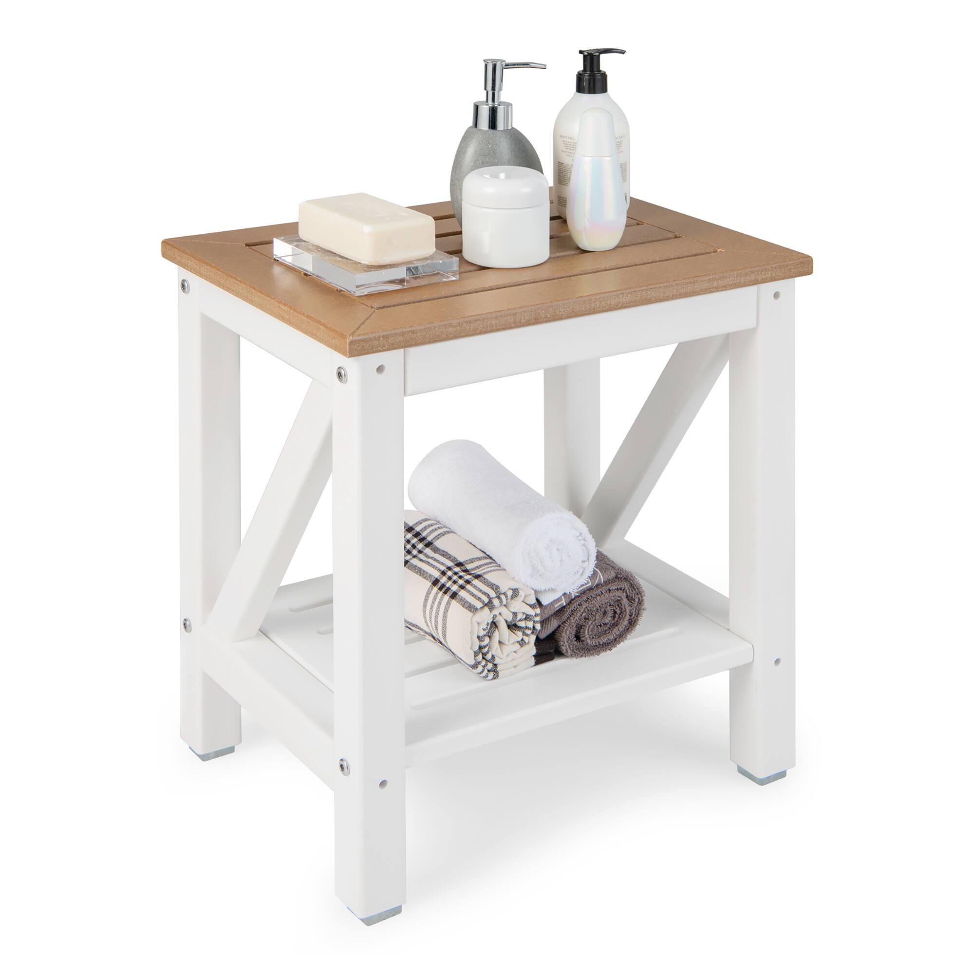 Costway - 2-Tier Heavy Duty Waterproof HDPE Shower Bench Stool with Bottom Storage Shelf - Brown + White