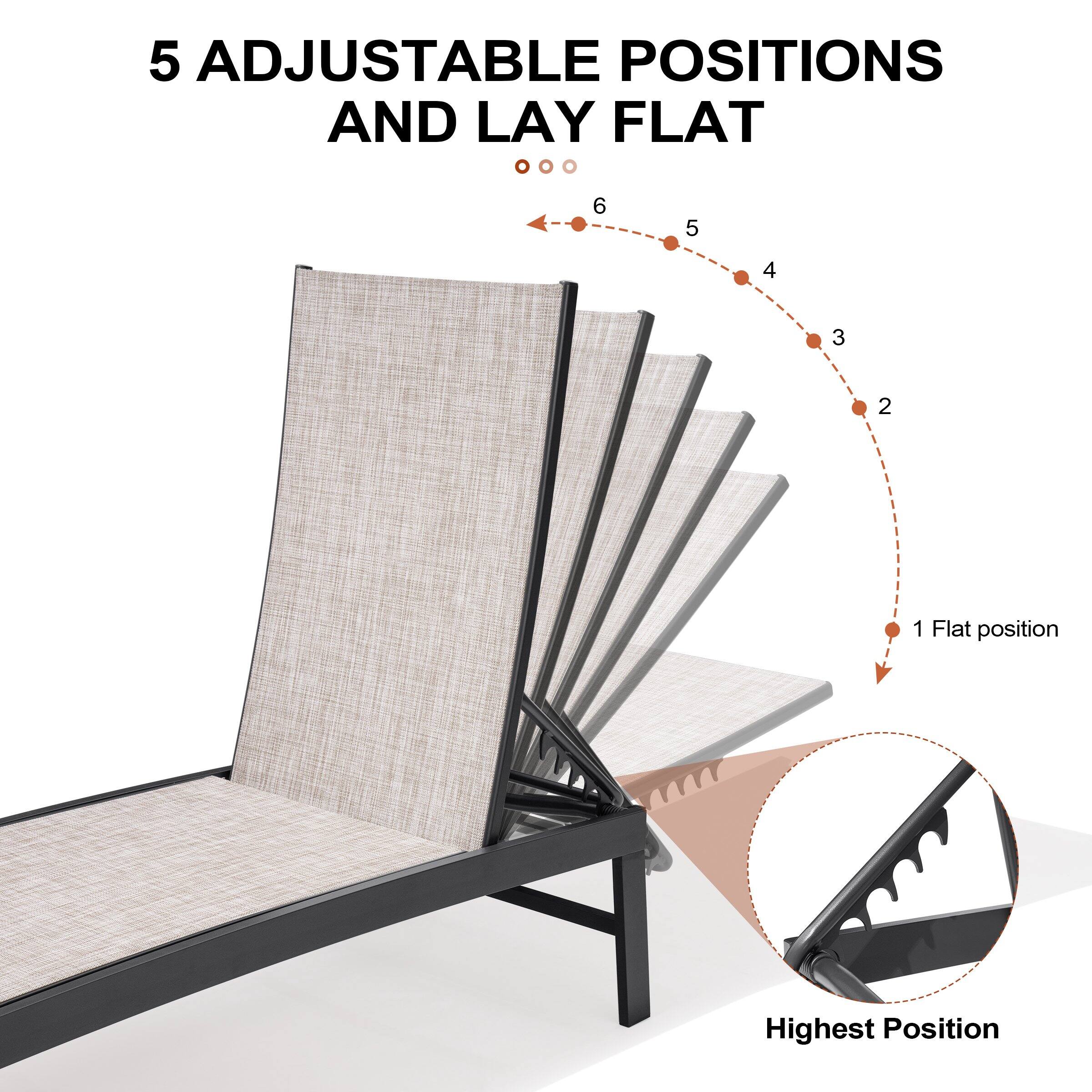 5 Adjustable Positions and Lay Flat

6 5 4 3 2 1

Flat position

Highest Position