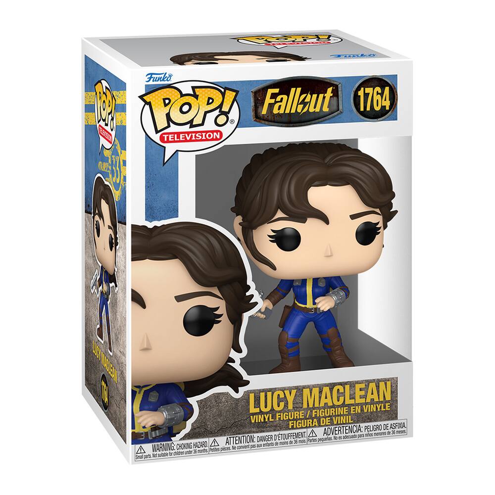 Sure, here is the corrected and grouped text from the image:

---

**Funko POP! TELEVISION**

**Fallout 1764**

**LUCY MACLEAN**

VINYL FIGURE / FIGURINE EN VINYLE / FIGURA DE VINIL

**WARNING: CHOKING HAZARD**  
Small parts. Not for children under 3 years.  
**ATTENTION: PELIGRO DE ASFIXIA**  
Pequeñas piezas. No es adecuado para niños menores de 3 años.  
**ADVERTENCIA: DANGER D'ETOUFFEMENT**  
Petites pièces. Ne convient pas aux enfants de moins de 3 ans.

---

This text is organized to reflect the information on the packaging.