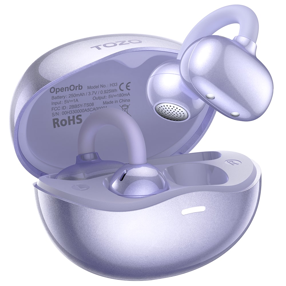TOZO - Lightweight Open-Ear Headphones, Clip Earbuds, 24H, IPX, Bluetooth 5.3, ANC Mic, Sleep/Sports - Purple