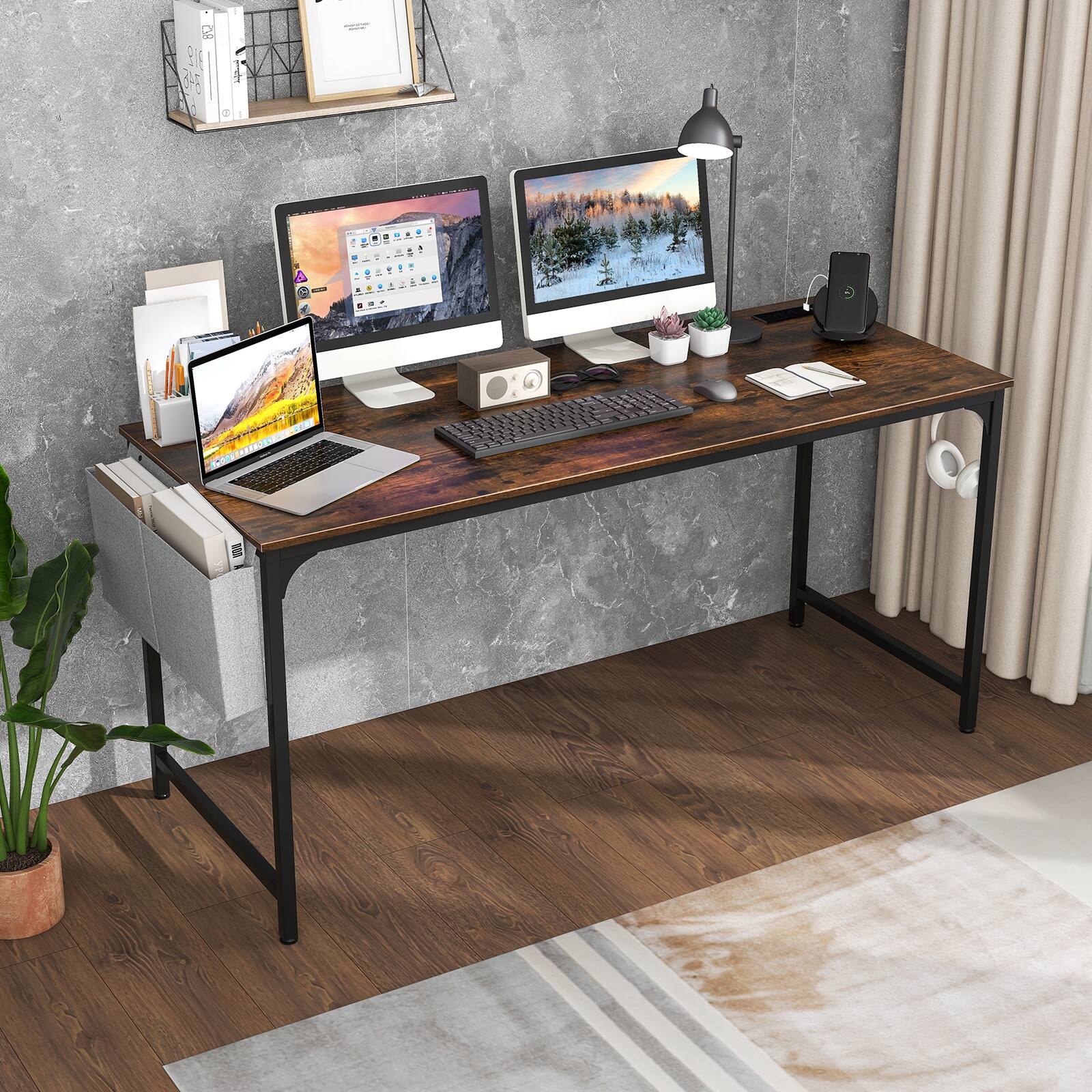Alt View 1. Ecooso - 60 Inch Computer Desk with Charging Station, Storage Bag Workstation for Home Office Setup - Rustic Brown/Black.