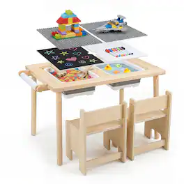 Costway - Kids Sensory Table and Chair Set with Adjustable Height, Dual Sided Top, 2 Bins - Natural-2 chairs