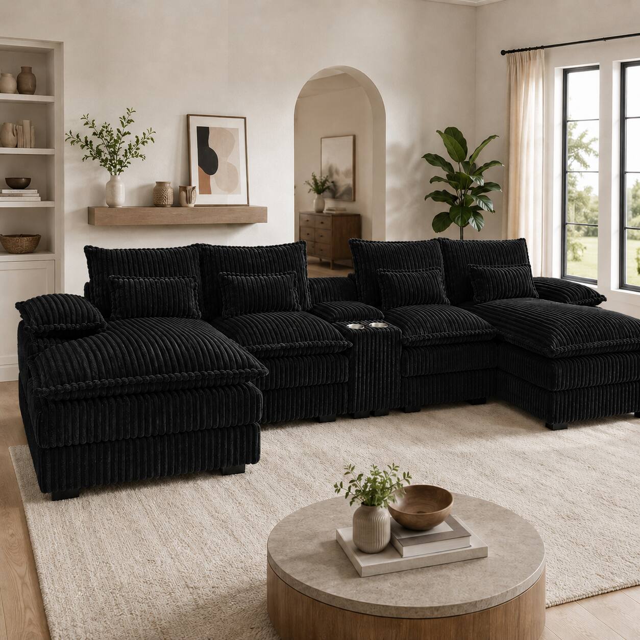 Angle. Anysun - 120" U-Shaped Sofa with Center Console & USB Ports – Includes 4 Pillows – Ideal for Spacious Living Rooms - Black.