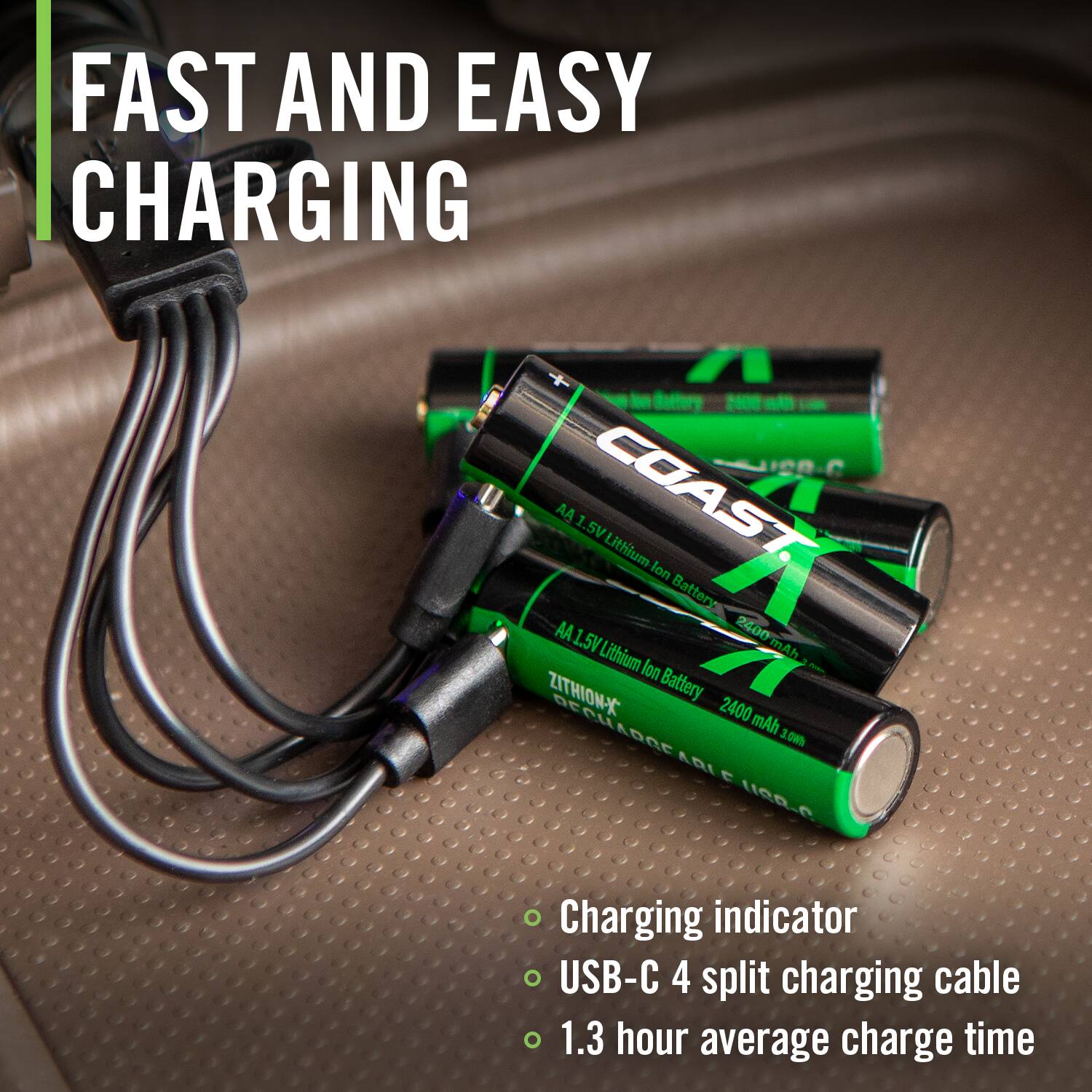 FAST AND EASY CHARGING

AA 1.5V COAST Lithium Ion Battery AA 1.5V 2400 Lithium mAh ZITHIONY Ion Battery

- Charging indicator
- USB-C 4 split charging cable
- 1.3 hour average charge time