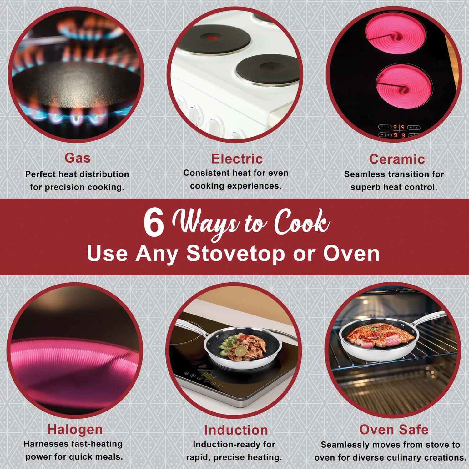 6 Ways to Cook  
Use Any Stovetop or Oven

Gas  
Perfect heat distribution for precision cooking.

Electric  
Consistent heat for even cooking experiences.

Ceramic  
Seamless transition for superb heat control.

Halogen  
Harnesses fast-heating power for quick meals.

Induction  
Induction-ready for rapid, precise heating.

Oven Safe  
Seamlessly moves from stove to oven for diverse culinary creations.
