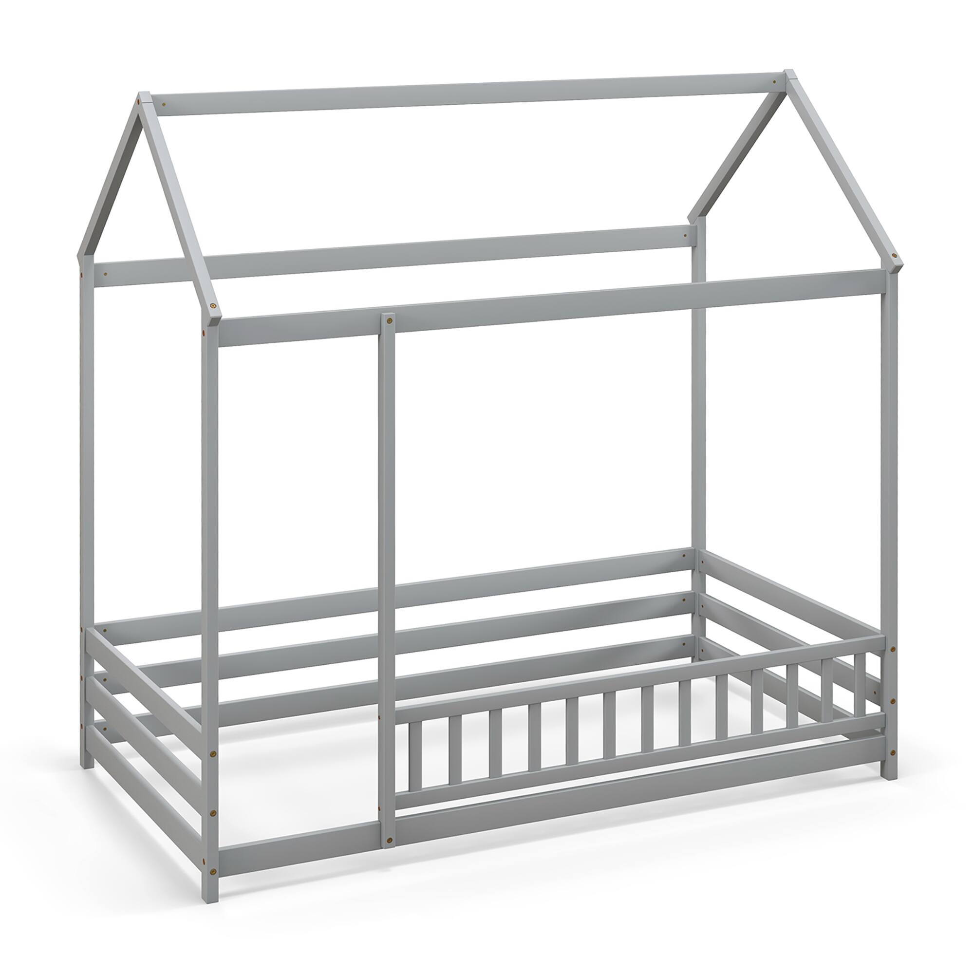 Alt View 1. Gymax - Gymax Twin Size House Bed w/ Roof & Full-length Safety Guardrail Playhouse Bed Frame Grey - Grey.