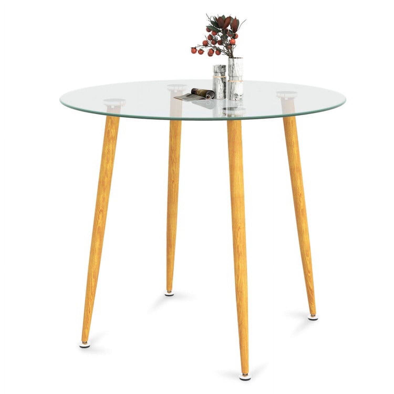 Resenkos - Round Glass Dining Table Leisure Coffee Table with Metal Legs-Natural, Dining Table - Clear
