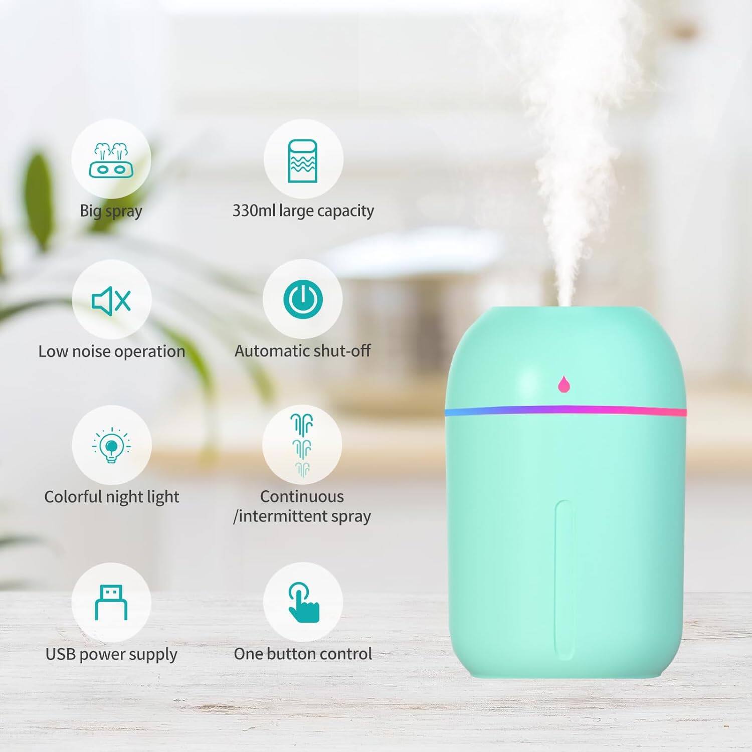 - Big spray
- 330ml large capacity
- Low noise operation
- Automatic shut-off
- Colorful night light
- Continuous / intermittent spray
- USB power supply
- One button control