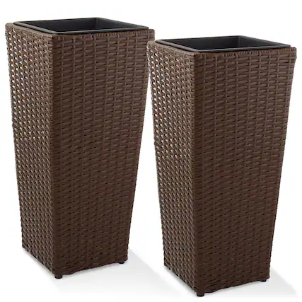 Front. Casafield - Set of 2 Tall Outdoor Planters with Removable Flower Plant Pot Liners - Espresso.