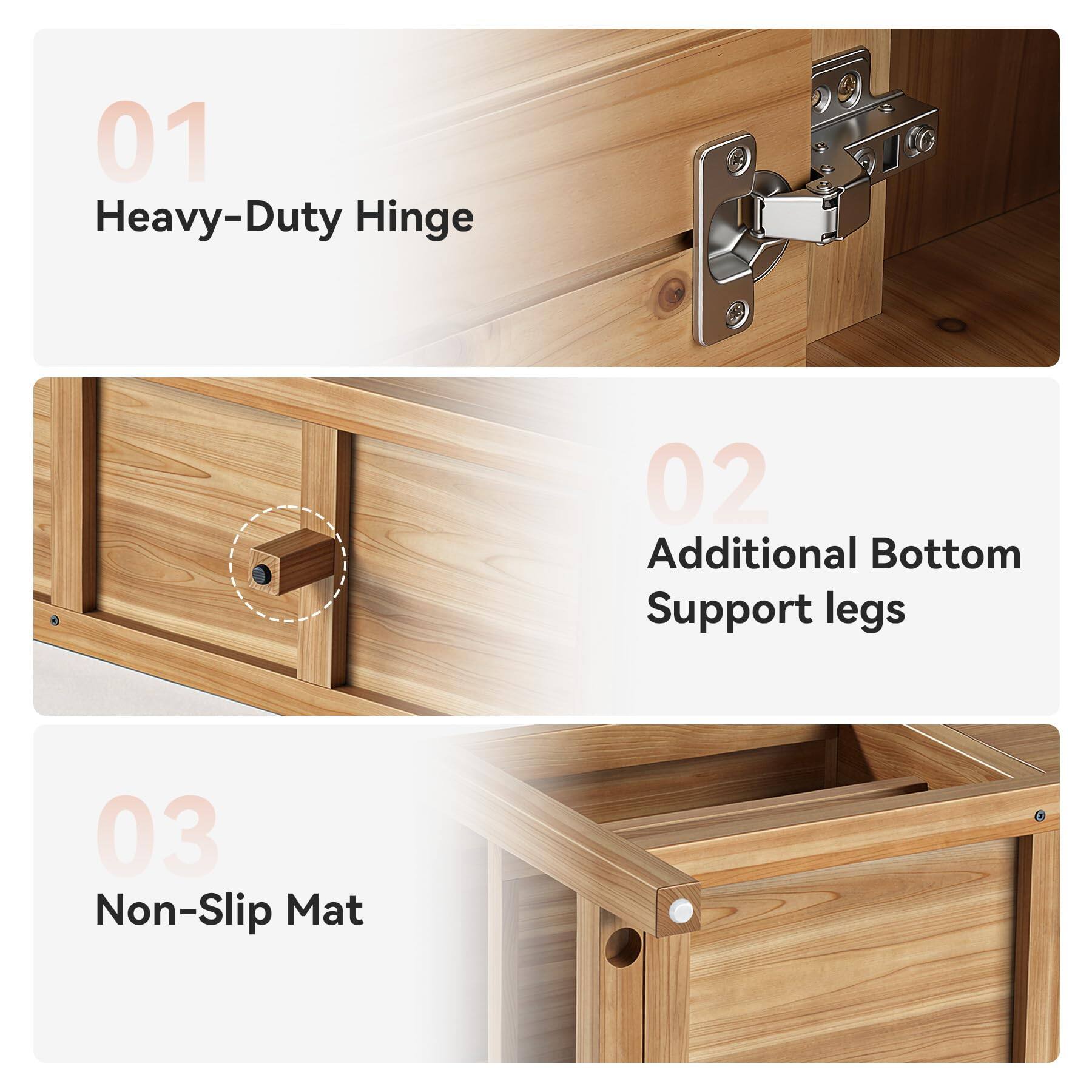 01 Heavy-Duty Hinge  
02 Additional Bottom Support Legs  
03 Non-Slip Mat