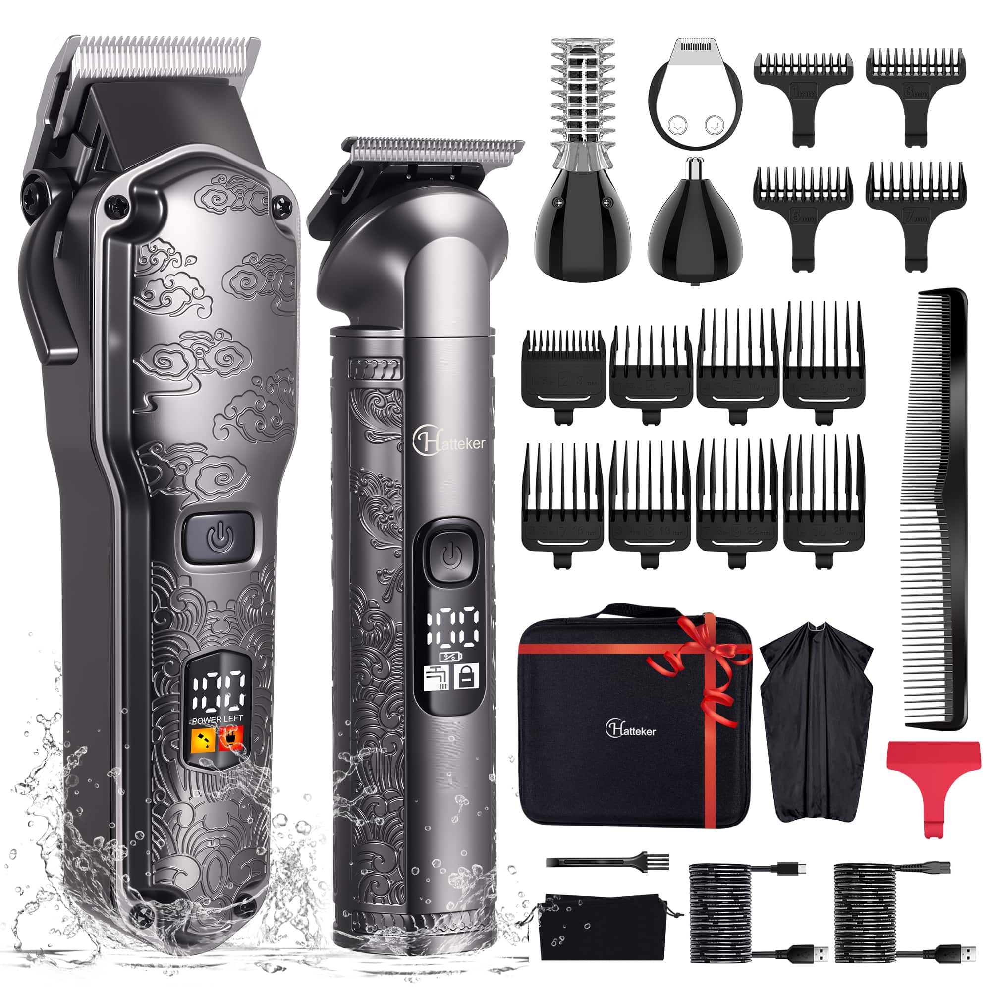 HATTEKER - Hair Clipper & 4-in-1 Beard Trimmer Kit for Men, T-Blade Trimmer, 13 Combs, USB Rechargeable, Washable - Gray