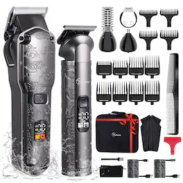 HATTEKER - Hair Clipper & 4-in-1 Beard Trimmer Kit for Men, T-Blade Trimmer, 13 Combs, USB Rechargeable, Washable - Gray