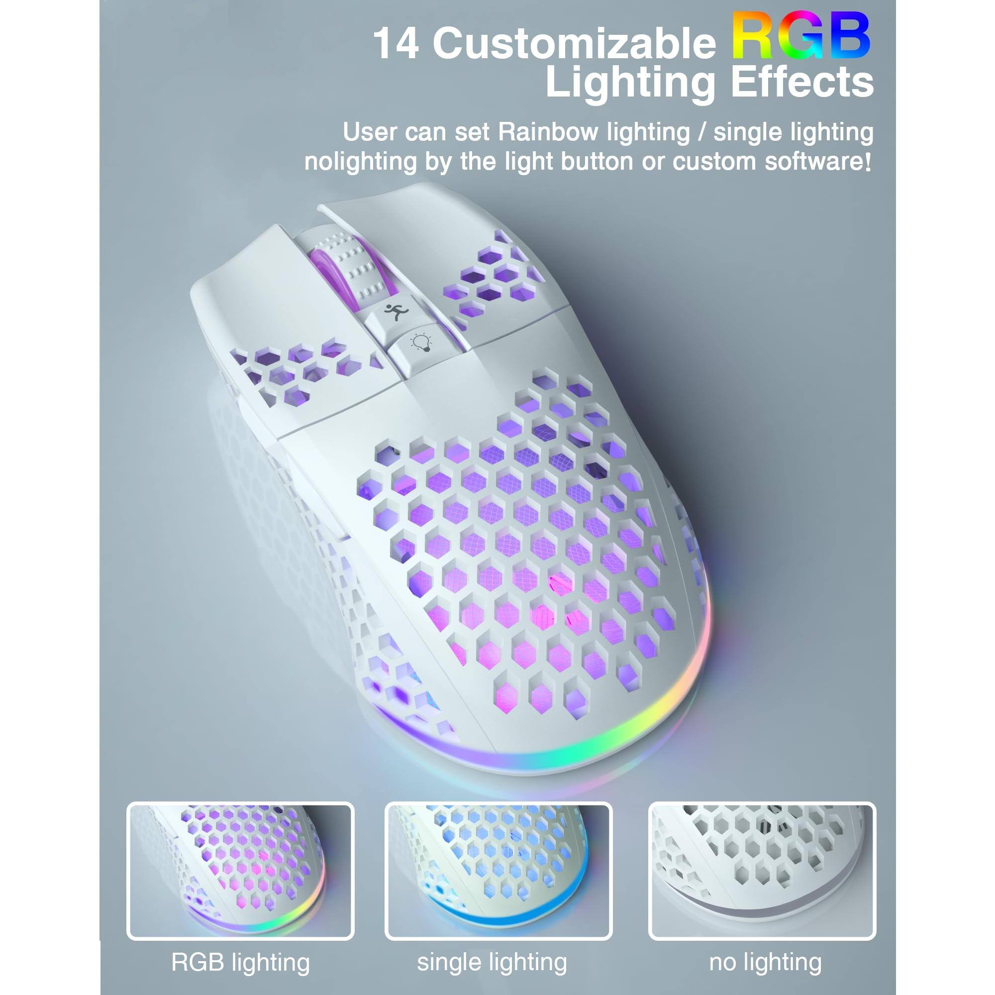 14 Customizable RGB Lighting Effects

User can set Rainbow lighting / single lighting / no lighting by the light button or custom software!

RGB lighting  
single lighting  
no lighting