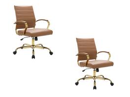 LeisureMod - (Set of 2) Benmar Leather Office Chair with Gold Accents, Adjustable Height, Swivel Ergonomic Design for Home Office - Brown