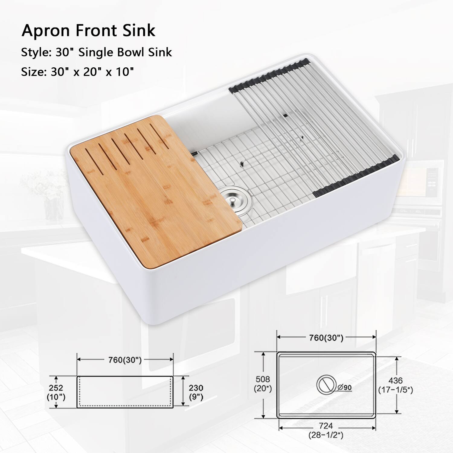 Apron Front Sink  
Style: 30" Single Bowl Sink  
Size: 30" x 20" x 10"  

760 (30")  
760 (30")  
252 (10")  
230 (9")  
508 (20")  
90  
436 (17-1/5")  
724 (28-1/2")