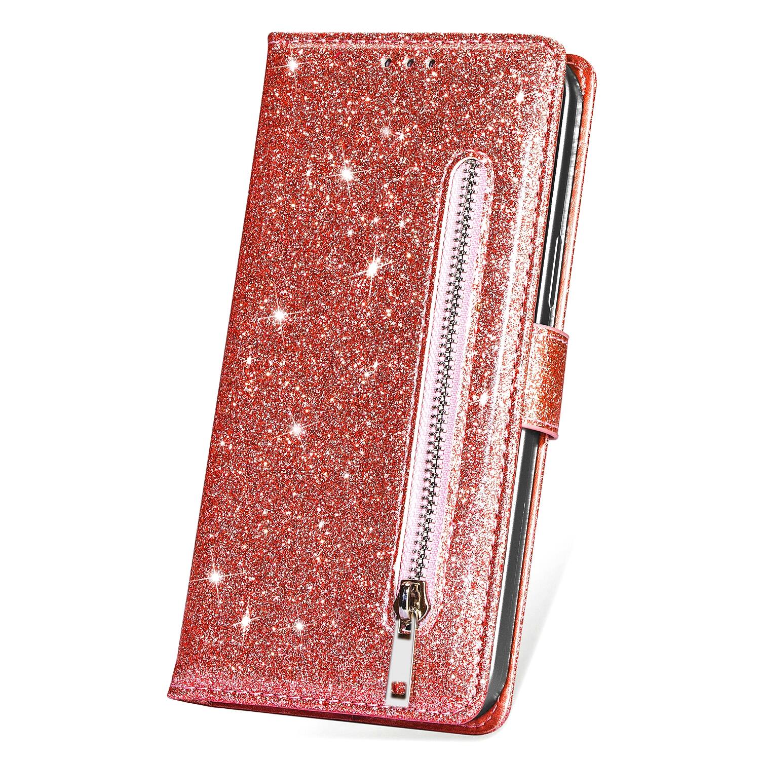 Alt View 1. Dteck - Dteck Zipper Wallet Card Bling Glitter Sparkly Case for Apple iPhone 17 Pro, Shockproof PU Leather Holder Strap Cover - Rosegold.