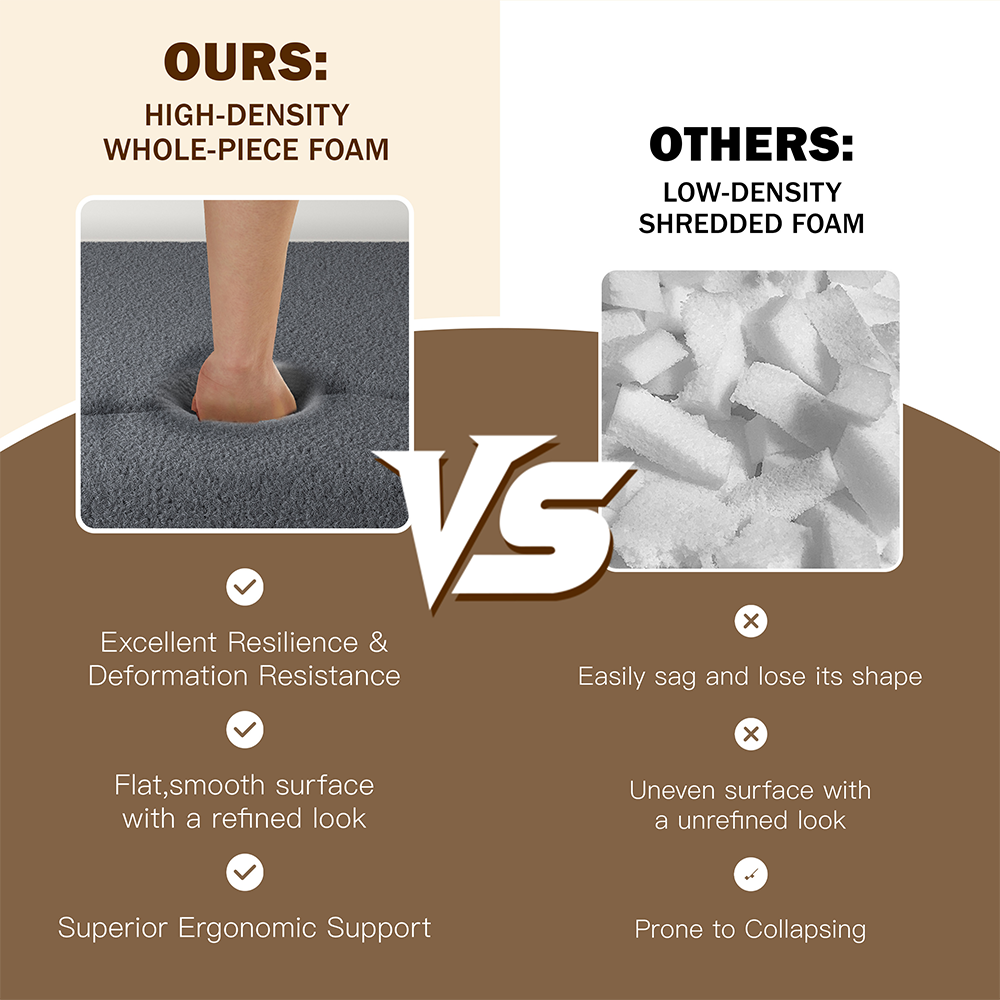 **OURS: HIGH-DENSITY WHOLE-PIECE FOAM**

- Excellent Resilience & Deformation Resistance
- Flat, smooth surface with a refined look
- Superior Ergonomic Support

**OTHERS: LOW-DENSITY SHREDDED FOAM**

- Easily sag and lose its shape
- Uneven surface with an unrefined look
- Prone to Collapsing