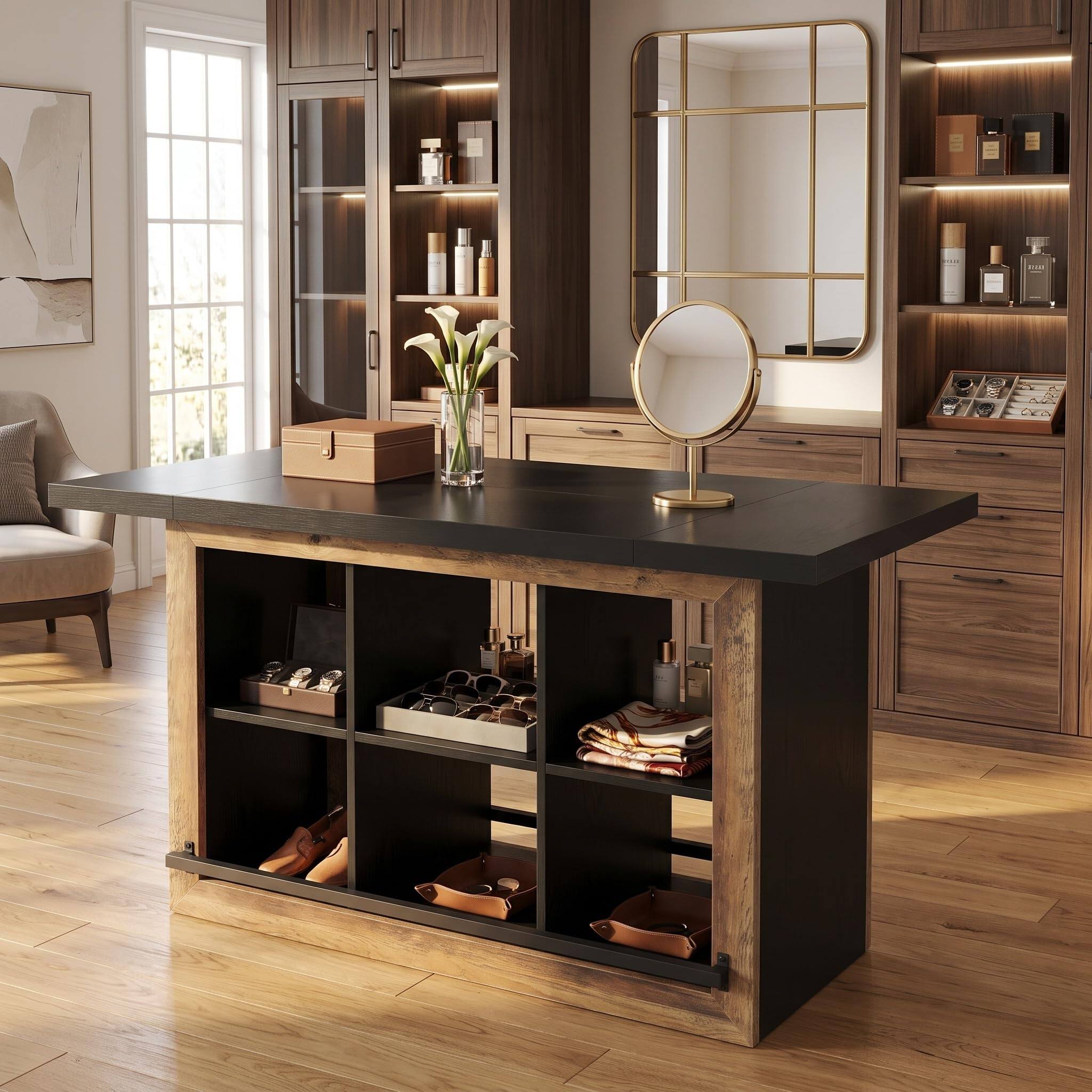 Alt View 1. Tribesigns - 6-Compartment Wooden Walk-in Closet Island, Black & Brown - Black&brown.