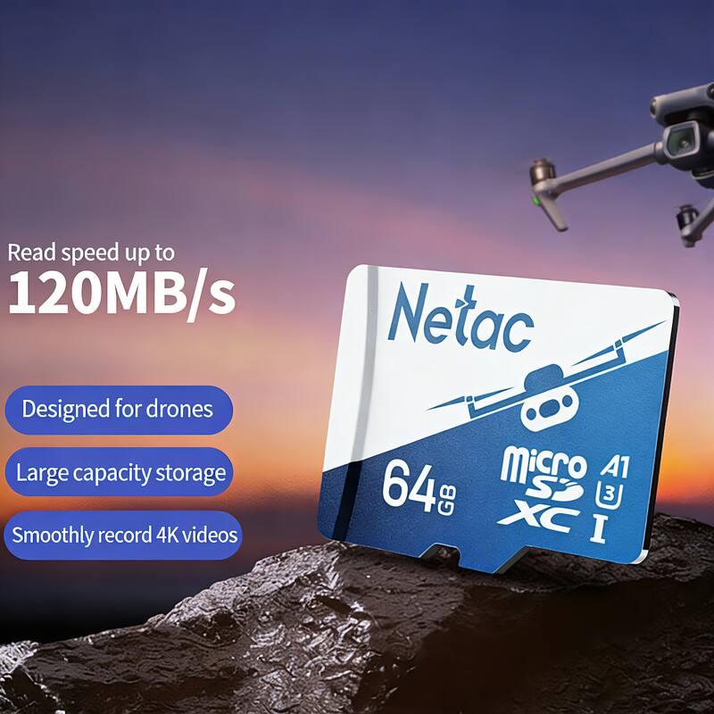Read speed up to 120MB/s  
Designed for drones  
Large capacity storage  
Smoothly record 4K videos  
Netac Micro SD 64 GB A1 XC I