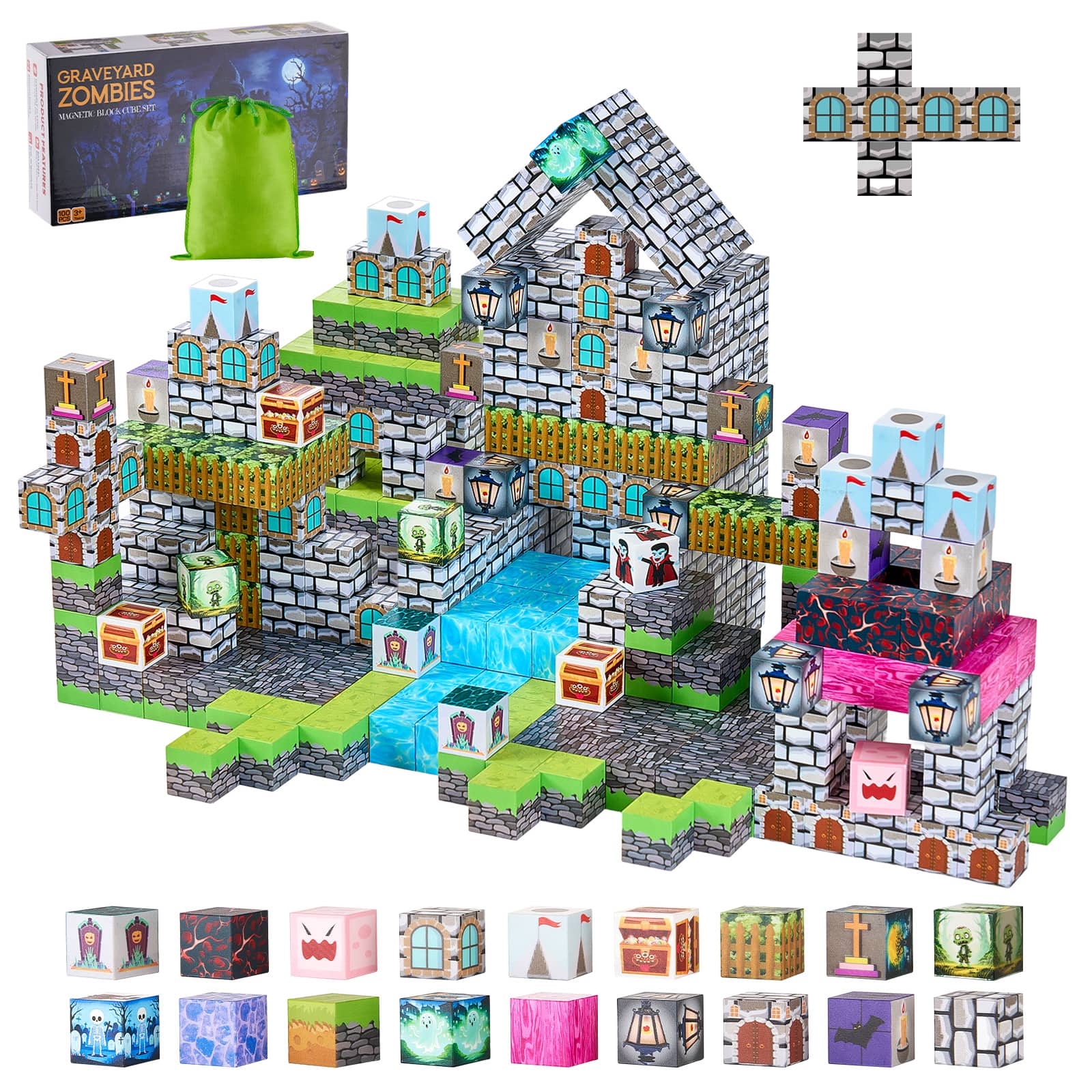 VEVOR - Magnetic Blocks, 100 PCS Cemetery Zombies Set, Magnetic Building Cubes for Kids, STEM Montessori Sensory Toys - Gray