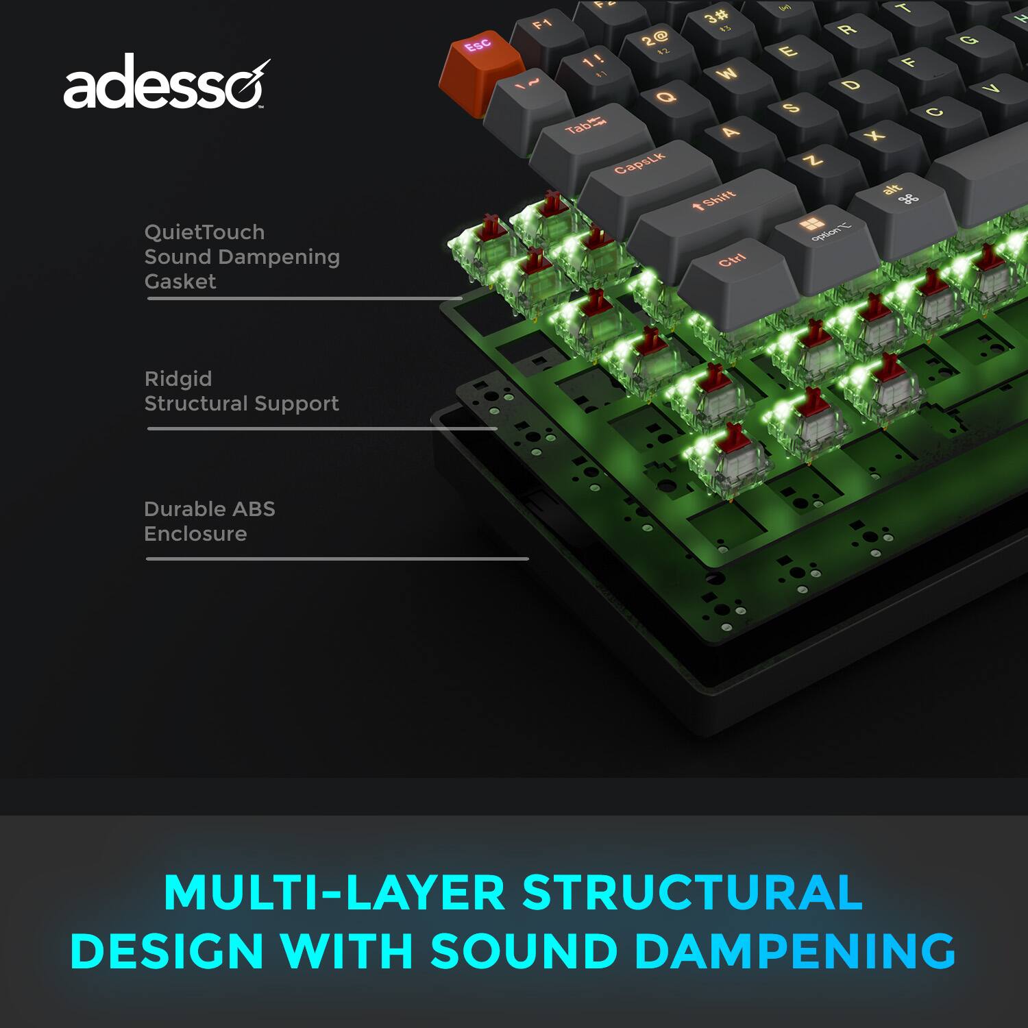 adesso QuietTouch Sound Dampening Gasket Ridgid Structural Support Durable ABS Enclosure MULTI-LAYER STRUCTURAL DESIGN WITH SOUND DAMPENING