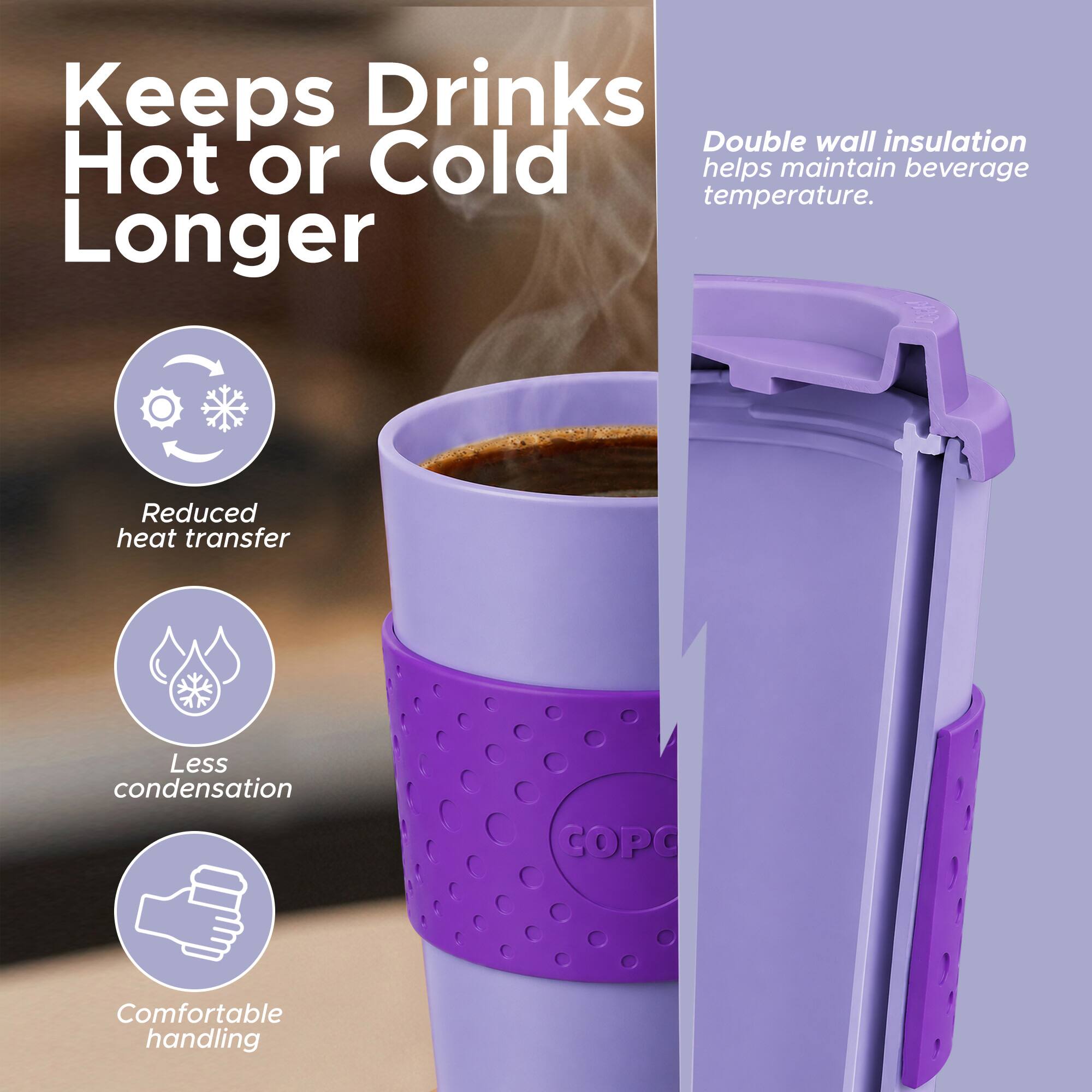 Keeps Drinks Hot or Cold Longer

Double wall insulation helps maintain beverage temperature.

- Reduced heat transfer
- Less condensation
- Comfortable handling