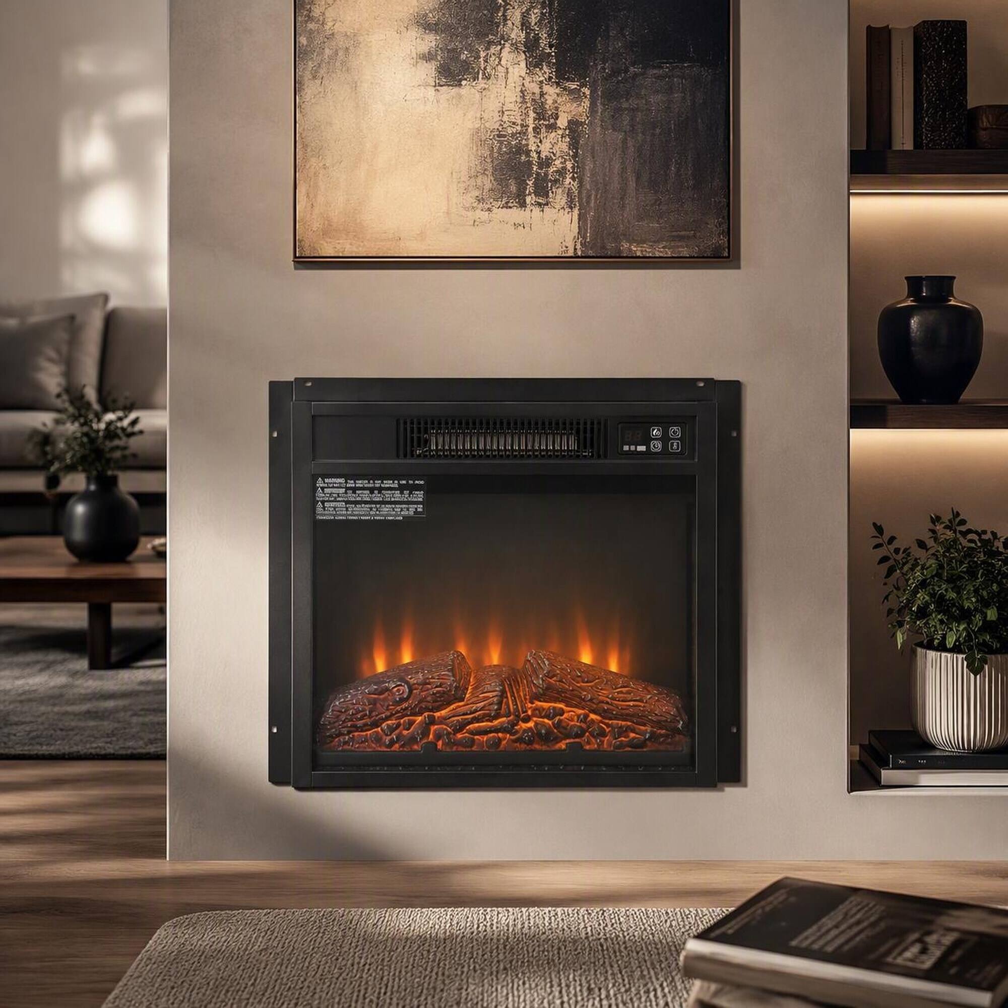 Left. RYHNUYNE - 18 Inch Black Ultra Thin Electric Fireplace Insert Heater, 1400W Realistic Log Flame Remote Control For Home - Black.