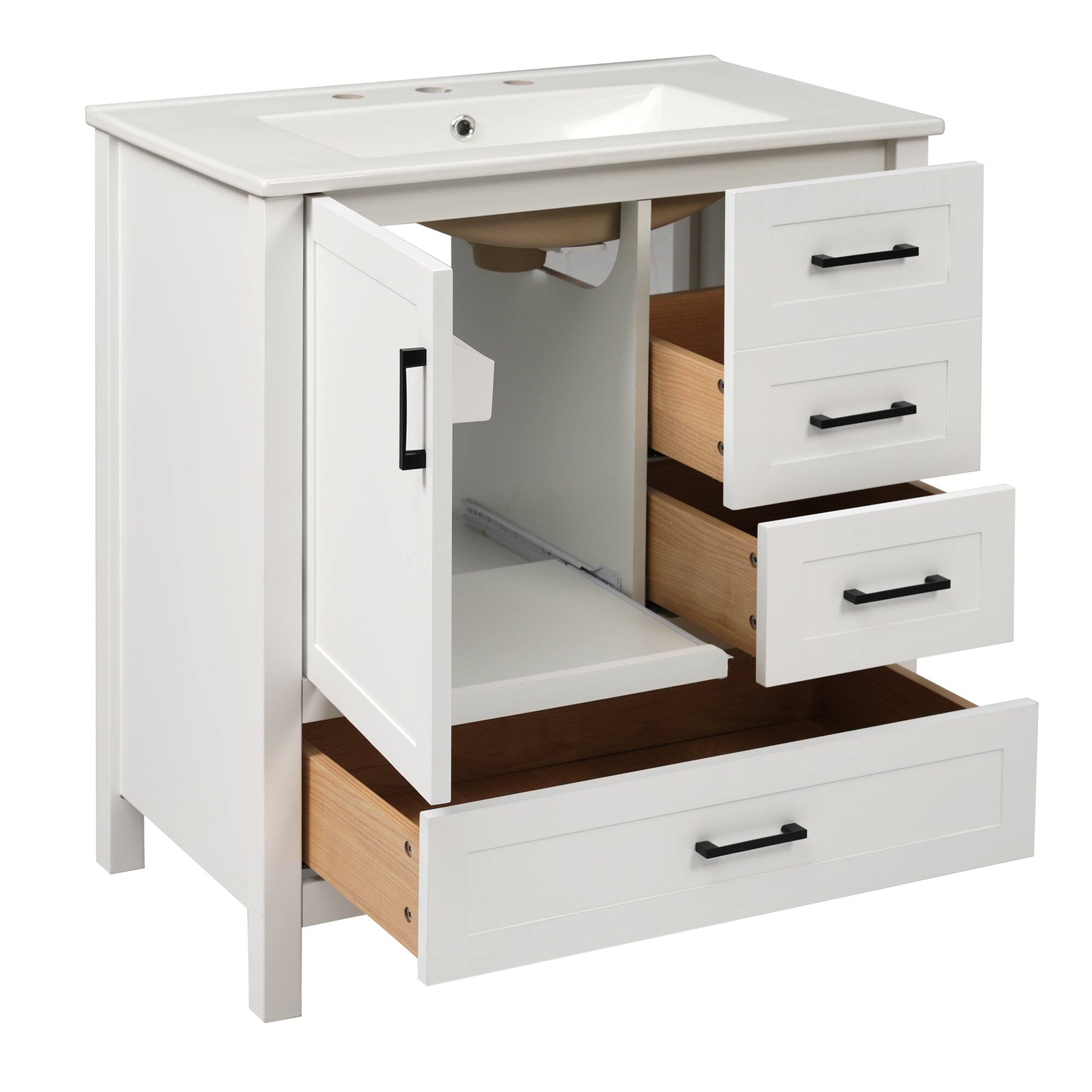 Left. Boyel Living - 30 Inch White Bathroom Vanity with Ceramic Sink Soft Close Storage and Solid Wood Frame - White.