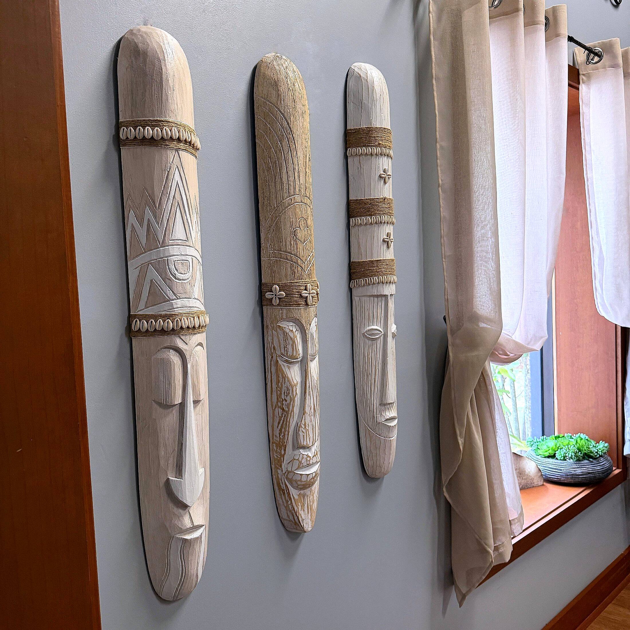 Alt View 4. Things2Die4 - Set of 3 Tiki Mask Wall Sculptures Whitewashed Wood 39.5 in Tropical - Natural.