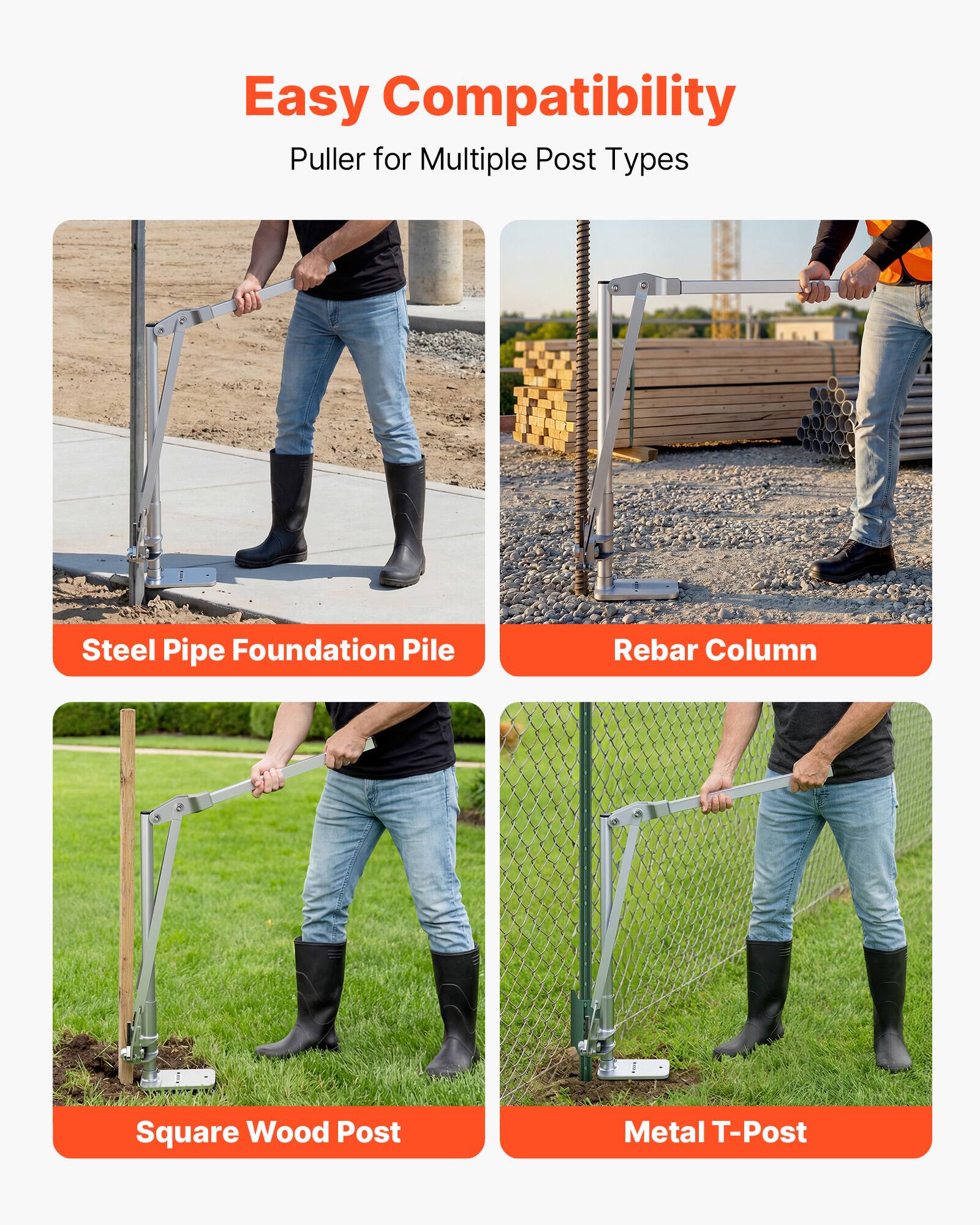 Easy Compatibility  
Puller for Multiple Post Types

- Steel Pipe Foundation Pile
- Rebar Column
- Square Wood Post
- Metal T-Post