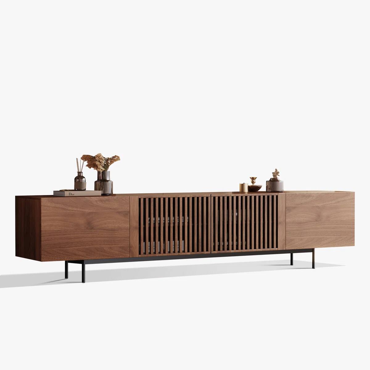 Alt View 8. luck idea - 94.48" Fluted Wood TV Stand for TVs Up to 100", Modern Media Console with Soft Close Doors, Walnut Entertainment Center - brown.