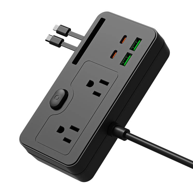 Cluzine - Multi-Function Power Strip with USB & Type-C Ports, Built-In Phone Holder & 2-in-1 Charging Cable - Black
