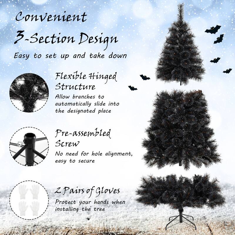 Convenient 3-Section Design  
Easy to set up and take down  

Flexible Hinged Structure  
Allow branches to automatically slide into the designated place  

Pre-assembled Screw  
No need for hole alignment, easy to secure  

2 Pairs of Gloves  
Protect your hands when installing the tree