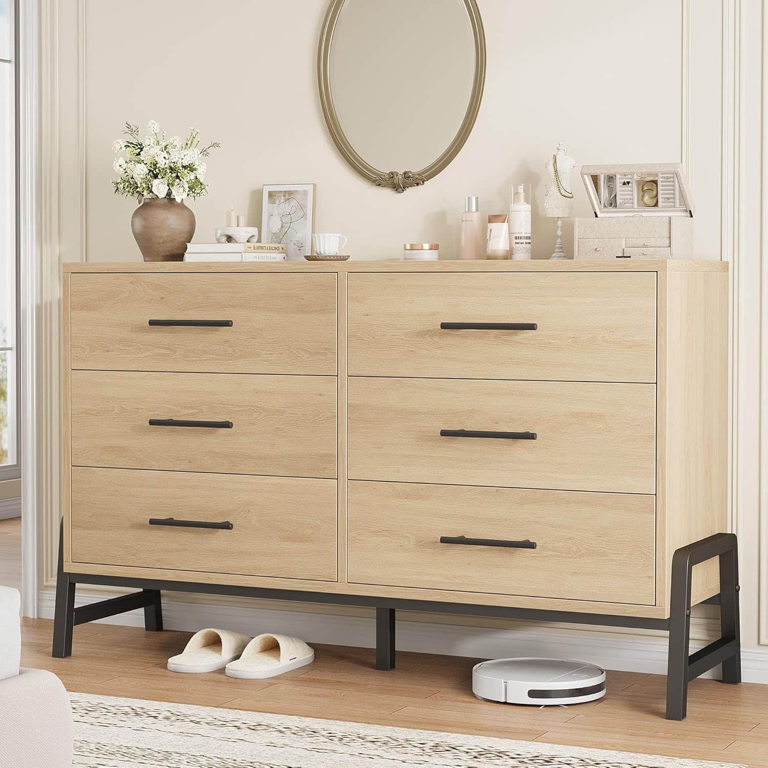 GARVEE - 52" Wide 6-Drawer Closet Dresser, Freestanding Wooden Storage Cabinet for Bedroom & Living Room - Natural Oak